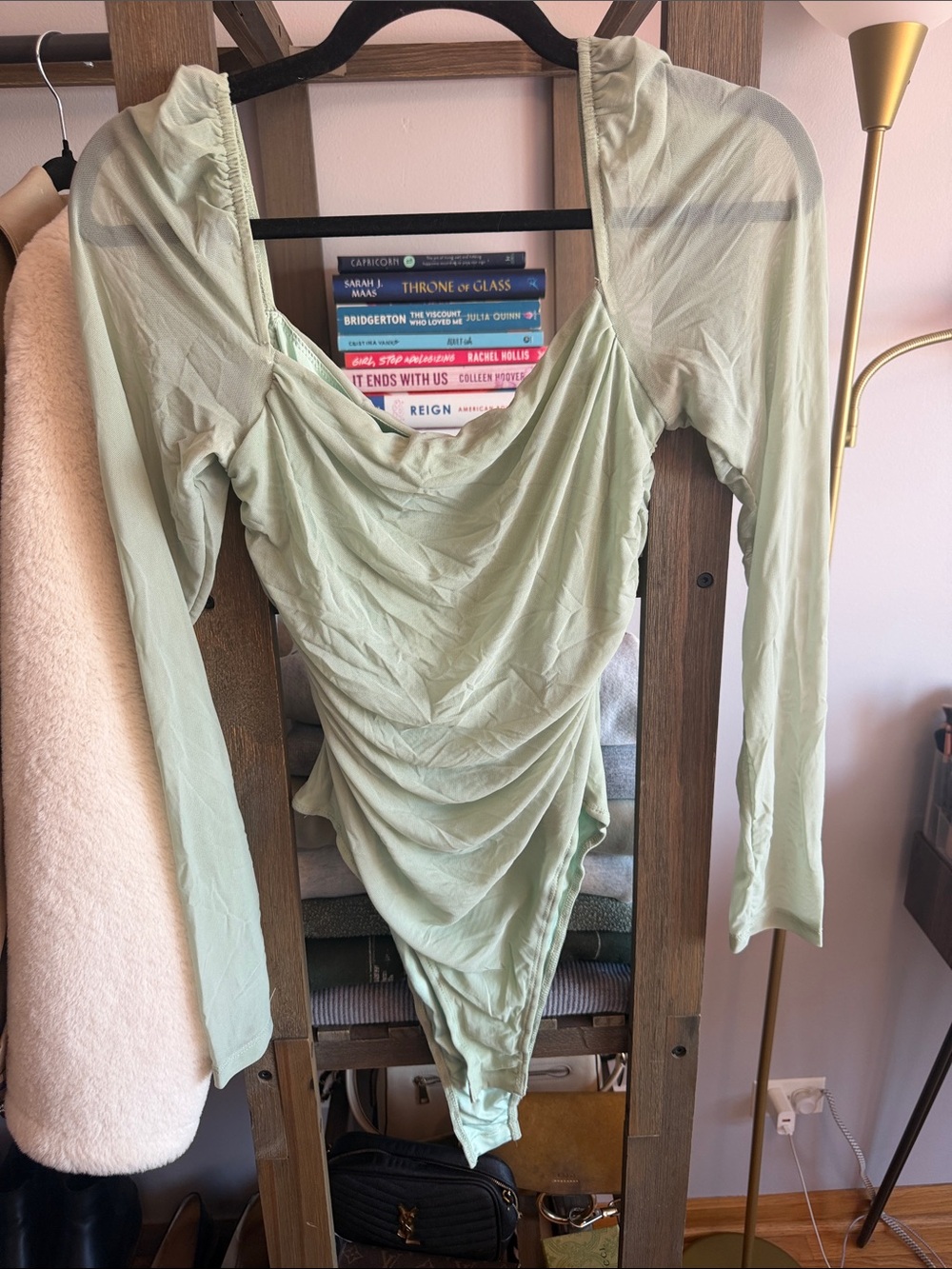 Princess Polly Sage Green Ruched Long Sleeve Bodysuit
